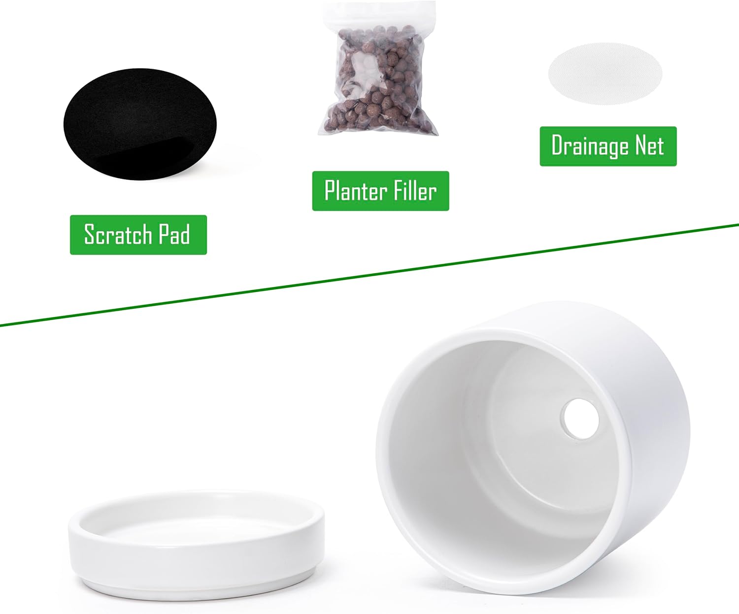 D'vine Dev 4-Pack Ceramic Pots with Saucers, White, 4.7 in, 94-X-B-1 | Glazed Ceramic, Drainage Hole and Saucer, Sleek