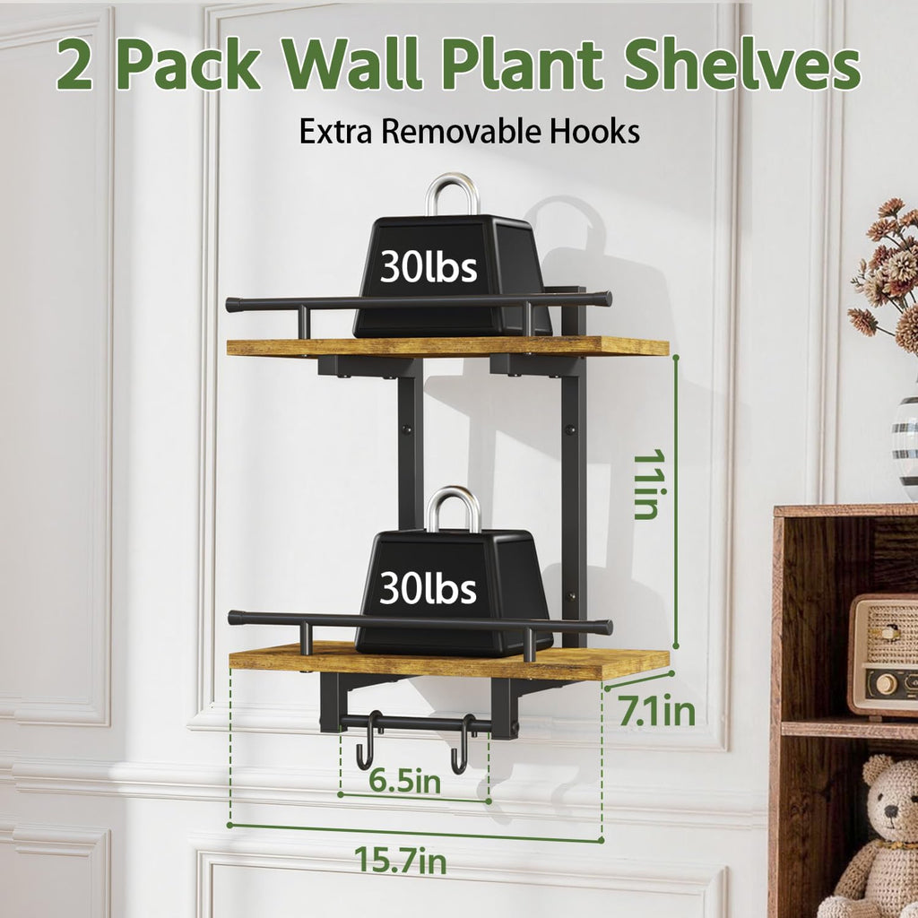 LASZOLA Floating Plant Shelves Holder Wall Mounted Indoor, 2 Pack Brown | 2 Tier Window Hangers Stand with Hooks, Metal