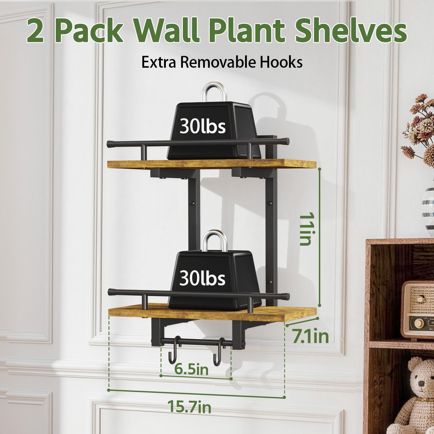 LASZOLA Floating Plant Shelves Holder Wall Mounted Indoor, 2 Pack Brown | 2 Tier Window Hangers Stand with Hooks, Metal