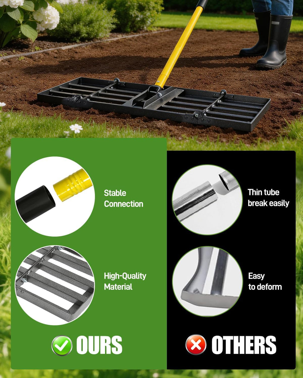 30in Lawn Leveling Rake | Yard Leveling Rake with 78" Adjustable Steel Handle, Heavy Duty Effort Saving Landscape