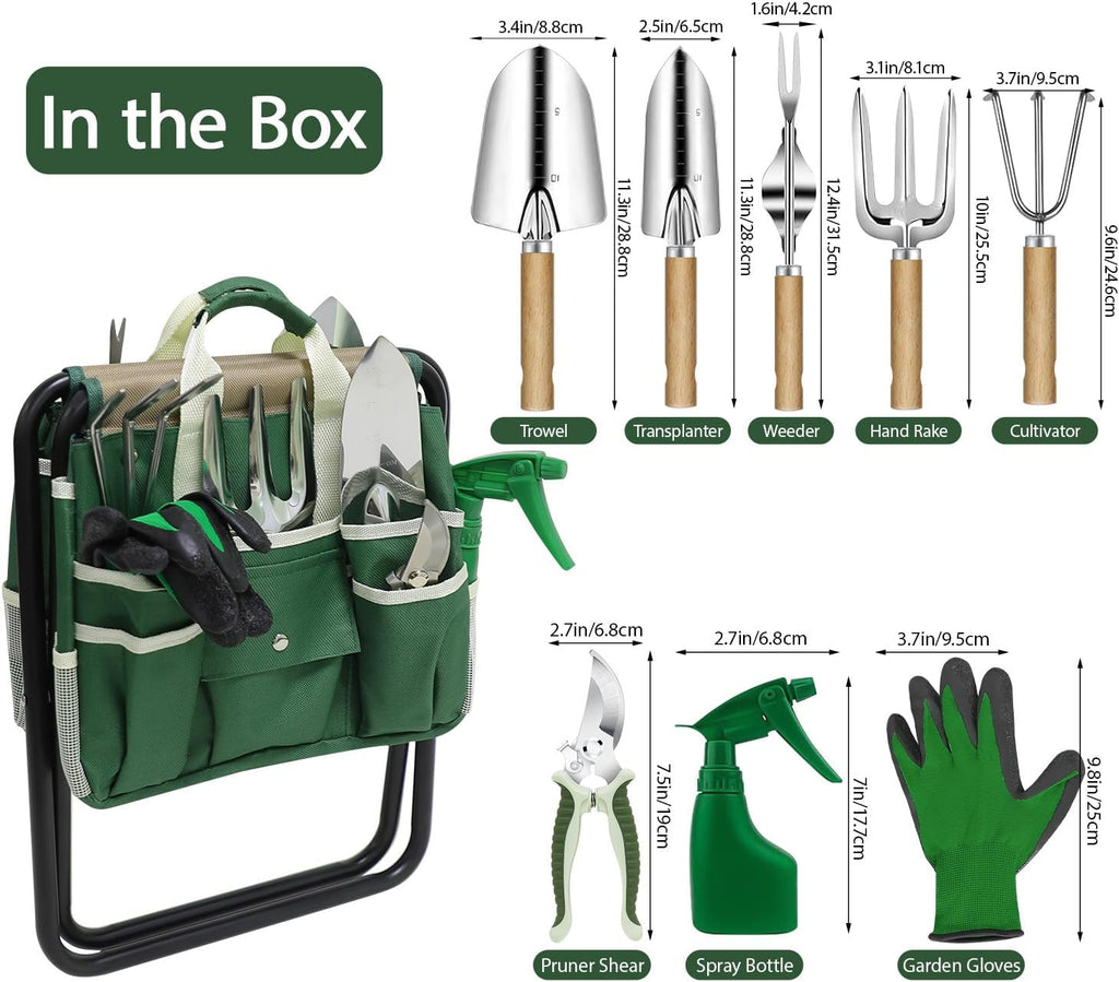 Garden Tool Set, 10 Piece Kit with Heavy Duty Folding Stool, Detachable Storage Tote Bag, Stainless Steel Tools, Gifts