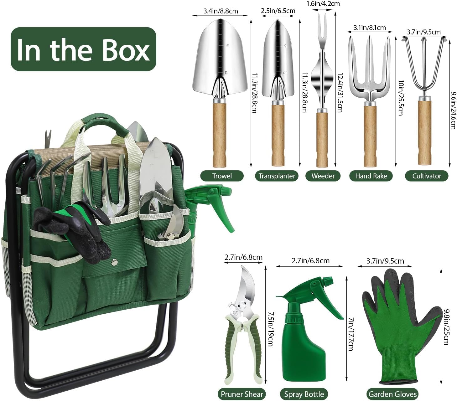 Garden Tool Set, 10 Piece Kit with Heavy Duty Folding Stool, Detachable Storage Tote Bag, Stainless Steel Tools, Gifts