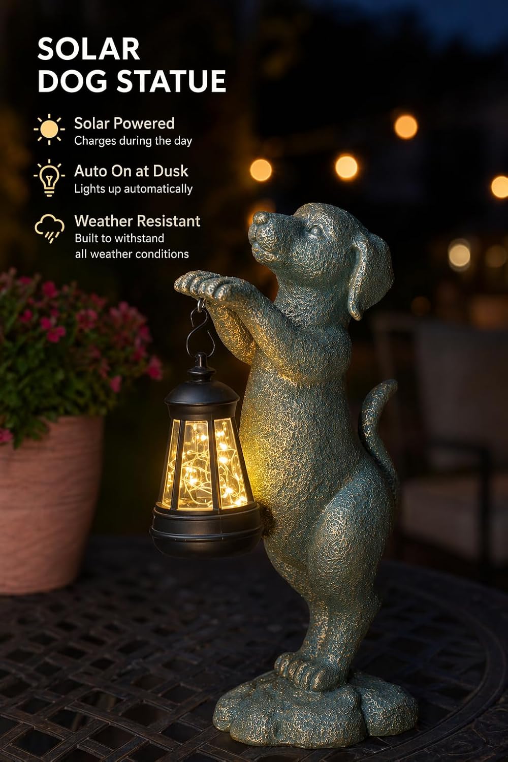 Solar Dog Garden Statue - Puppy Holding Lantern Outdoor Decor, Waterproof Resin Yard Art Figurine with Warm LED Light