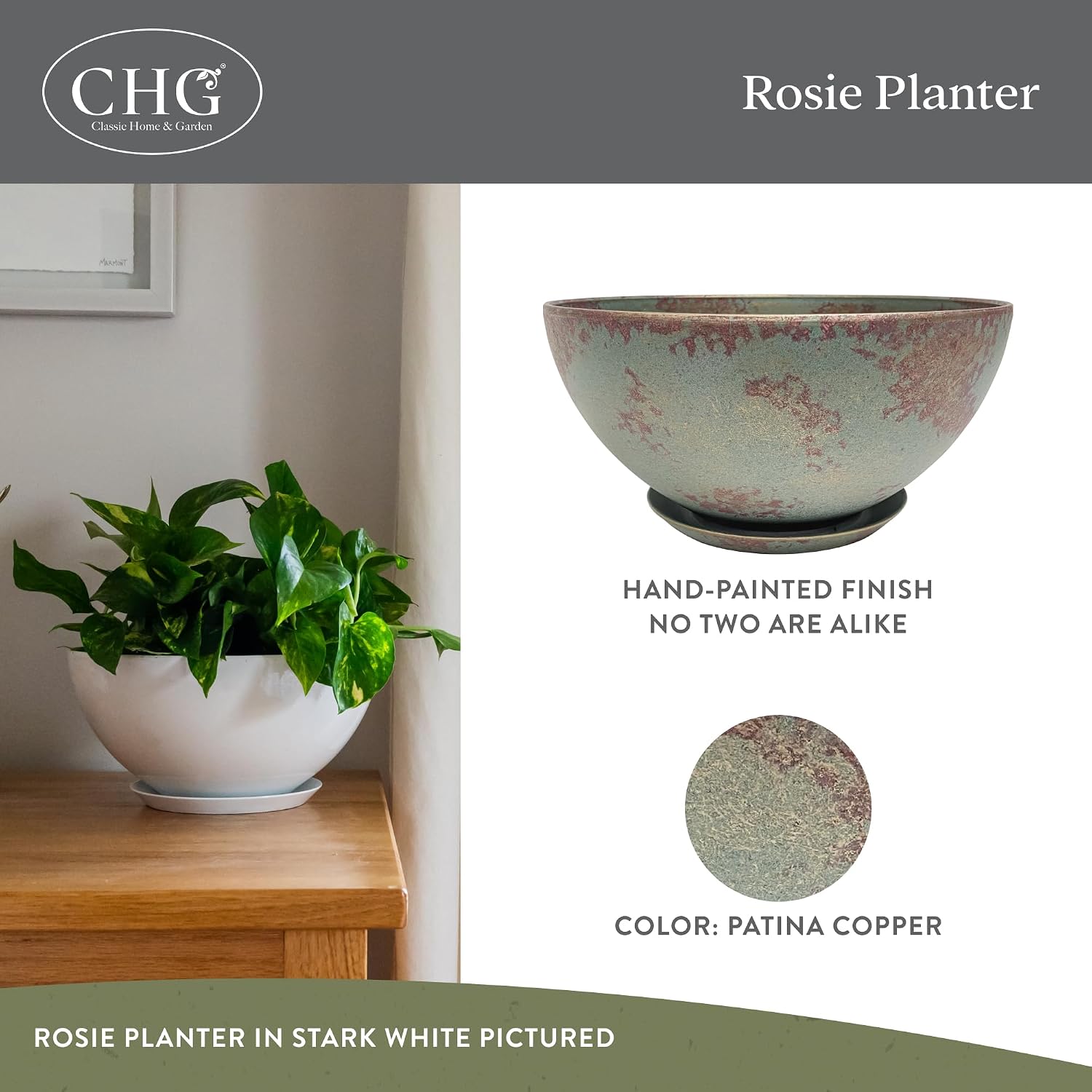 Classic Home and Garden Rosie Modern Planter w/Drainage - Contemporary Planter Bowls - Shallow Round Vases for Small