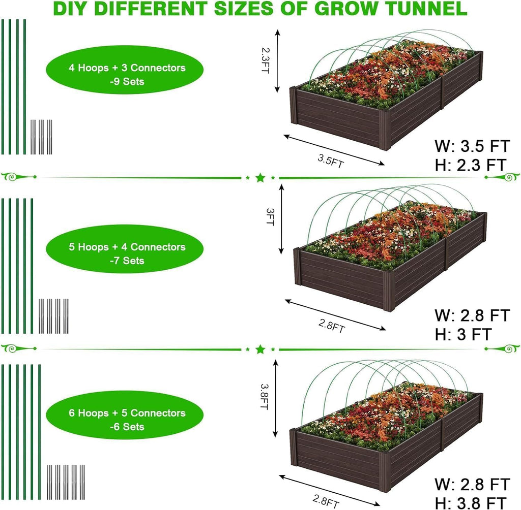 60pcs Garden Hoops for Raised Beds Wide, 8ft Greenhouse Hoops Grow Tunnel for Row Cover Netting, Adjustable Fiberglass