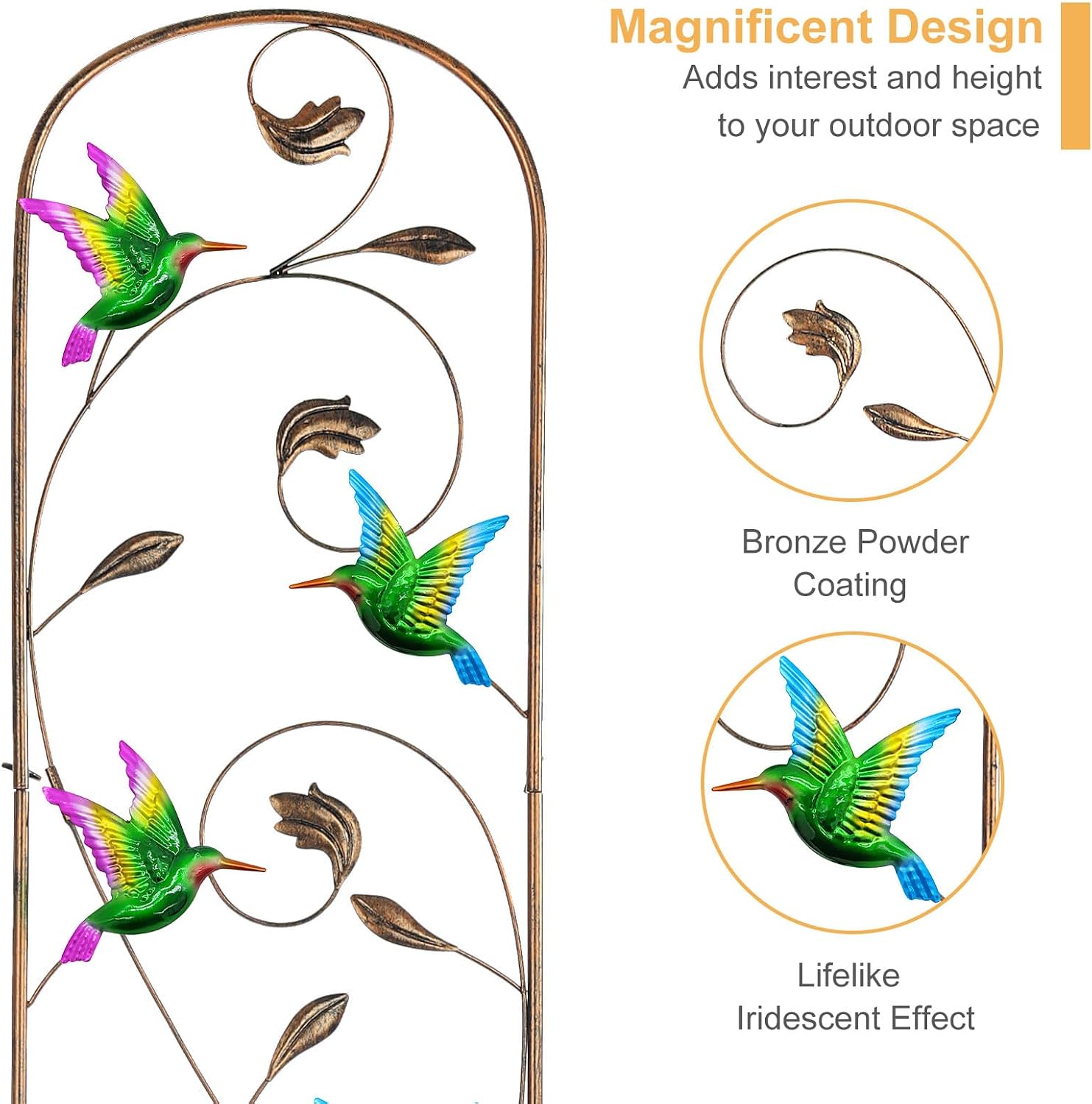 2 Pack Metal Garden Trellis for Climbing Plants | 60 Inch High, Decorative with Hummingbirds, Easy Assembly Arched