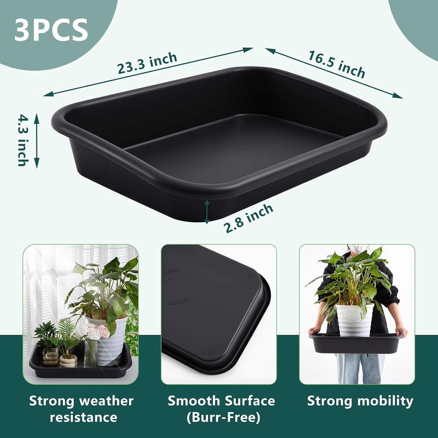 Vesici 3 Pcs Garden Tidy Trays Potting Tray for Seeding Growing, Black | Soil Mixing, Repotting Mat, Large Plant Trays