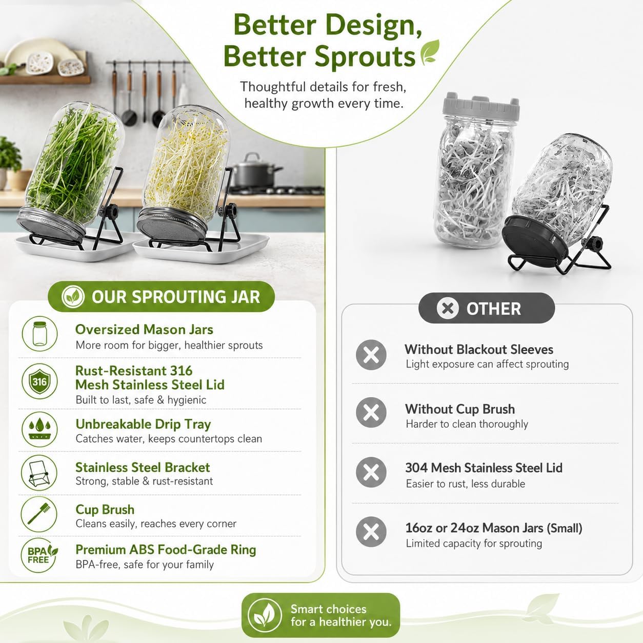 Seed Sprouting Jar Kit, 4 Pack 1000ml/34oz Mason Jars with Stainless Steel Lids, Stand, Tray & Brush for Fresh Sprouts