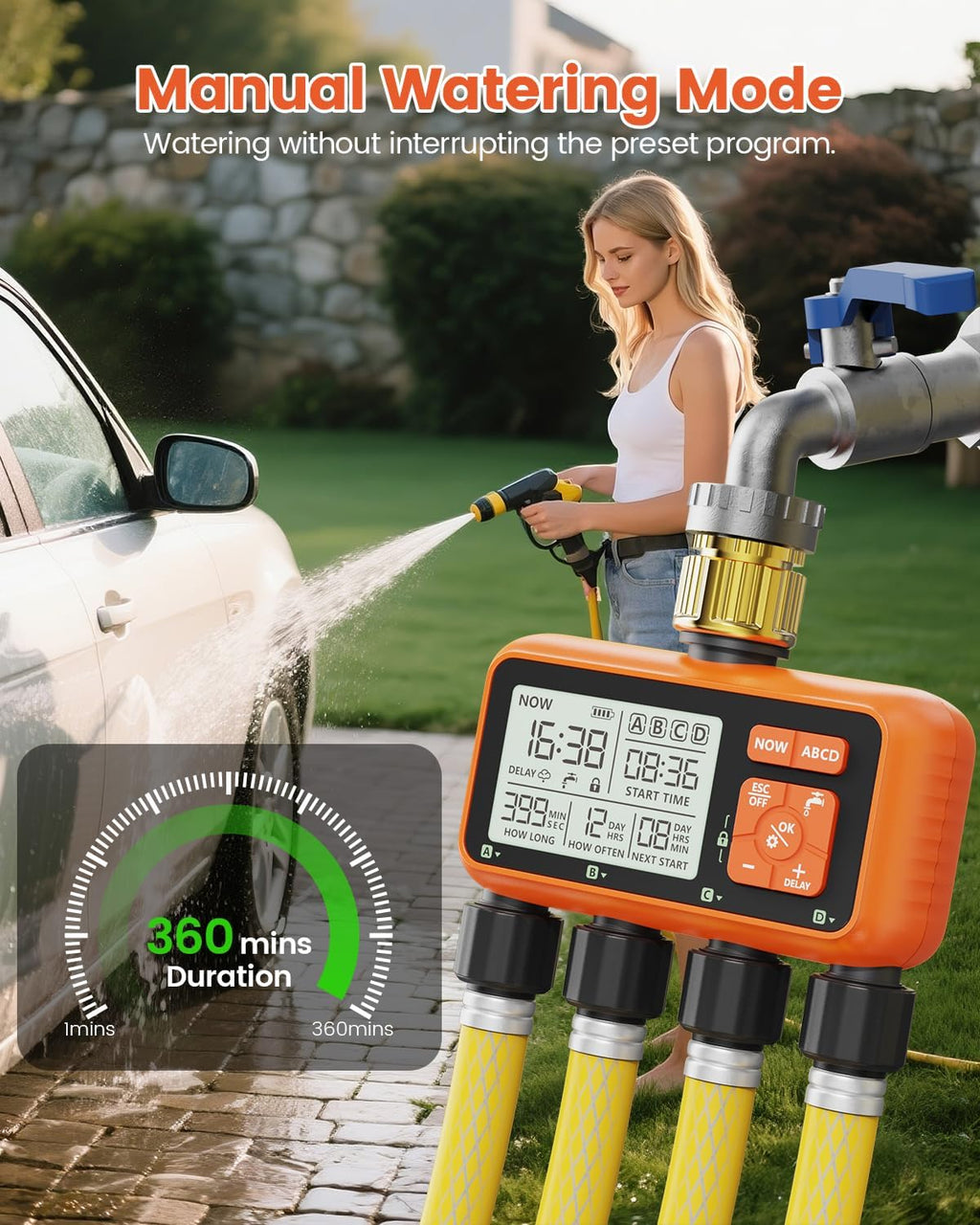 Sprinkler Timer 4 Zone with Brass Inlet Water Timer for Garden | Programmable Faucet Controller with Independent Zone