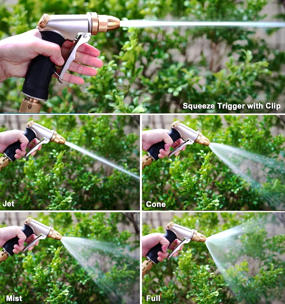 Garden Hose Nozzle, Heavy Duty Metal Brass Nozzle, 4 Spray Patterns | Full brass nozzle, ABS non-slip ergonomic grip.