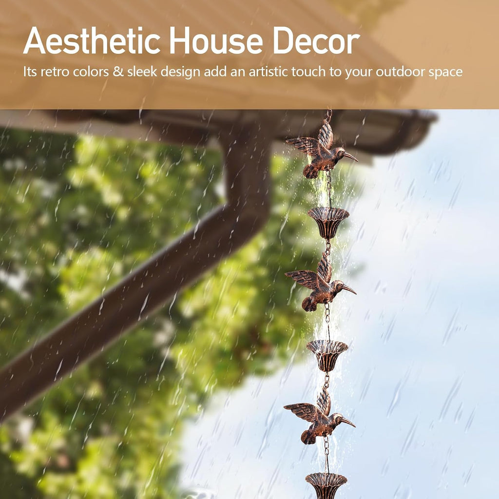 Rain Chain for Gutters,8.5FT Rain Catcher Chain for Outside with 7 Metal Cups & Hummingbird Decor,Adjustable Hanging