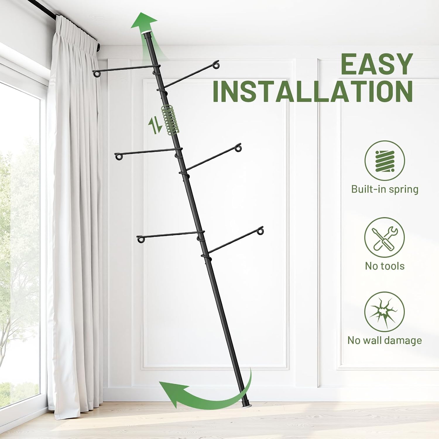 Tension Rod Plant Stand, Plant Poles for Hanging Plants Indoor, Metal Floor to Ceiling Hanging Plants Stand, Tension