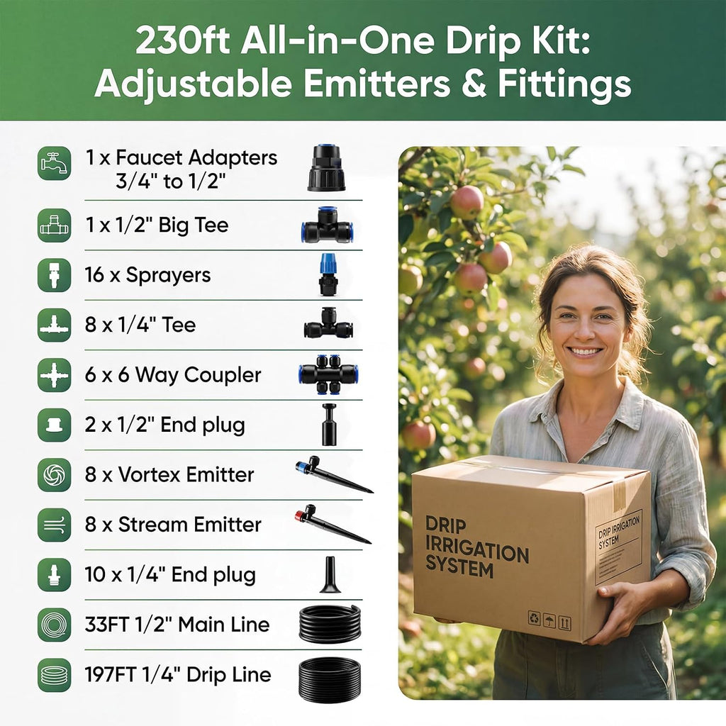 230 ft Drip Irrigation Kit with 1/2-Inch Main and 1/4-Inch Lines | Includes adjustable emitters and quick-connect