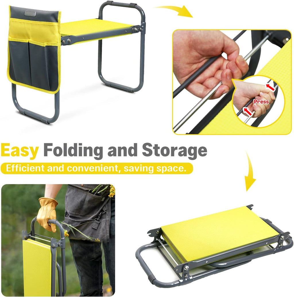Garden Kneeler and Seat Heavy Duty, Foldable Gardening Stool Bench | With Widened Thick Soft Kneeling Pad and Tool