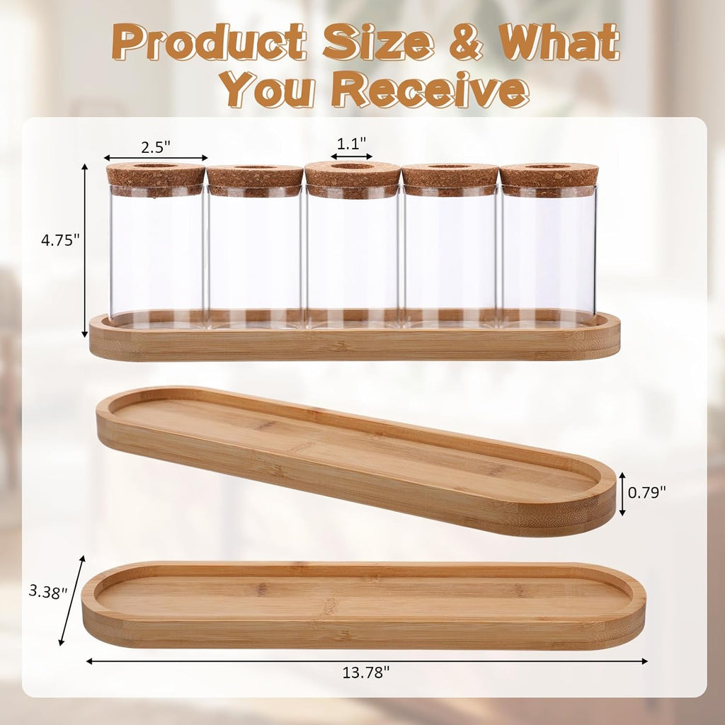 Zhehao 5 Pack Plant Propagation Station Hydroponic Glass Jar Terrarium with Cork Lids Bamboo Tray Desktop Planter for