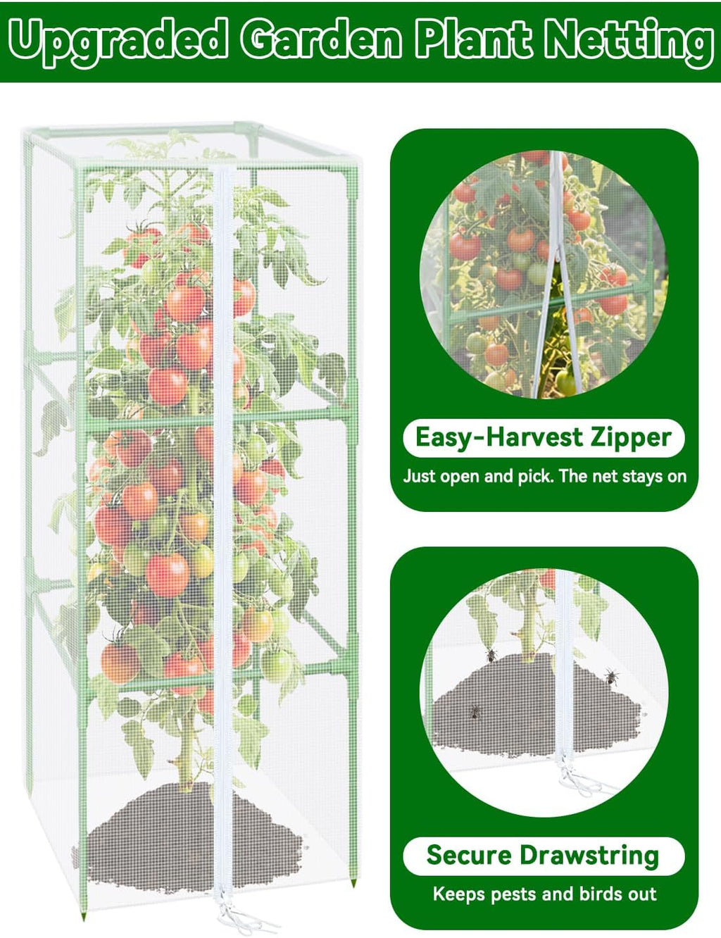 57x16.1 in Garden Tomato Plant Cover Netting for Square Tomato Cage | 4 Pack Durable Garden Bird Netting with Zipper &