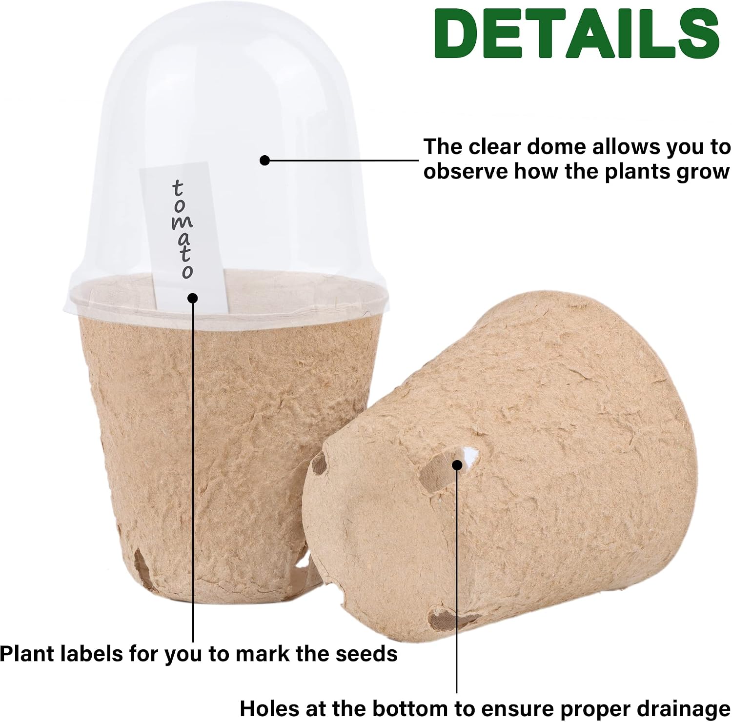 winemana 36 Set Plant Nursery Pots with Humidity Dome, Seed Starter Biodegradable Peat Pots, Seedlings Planting Pots