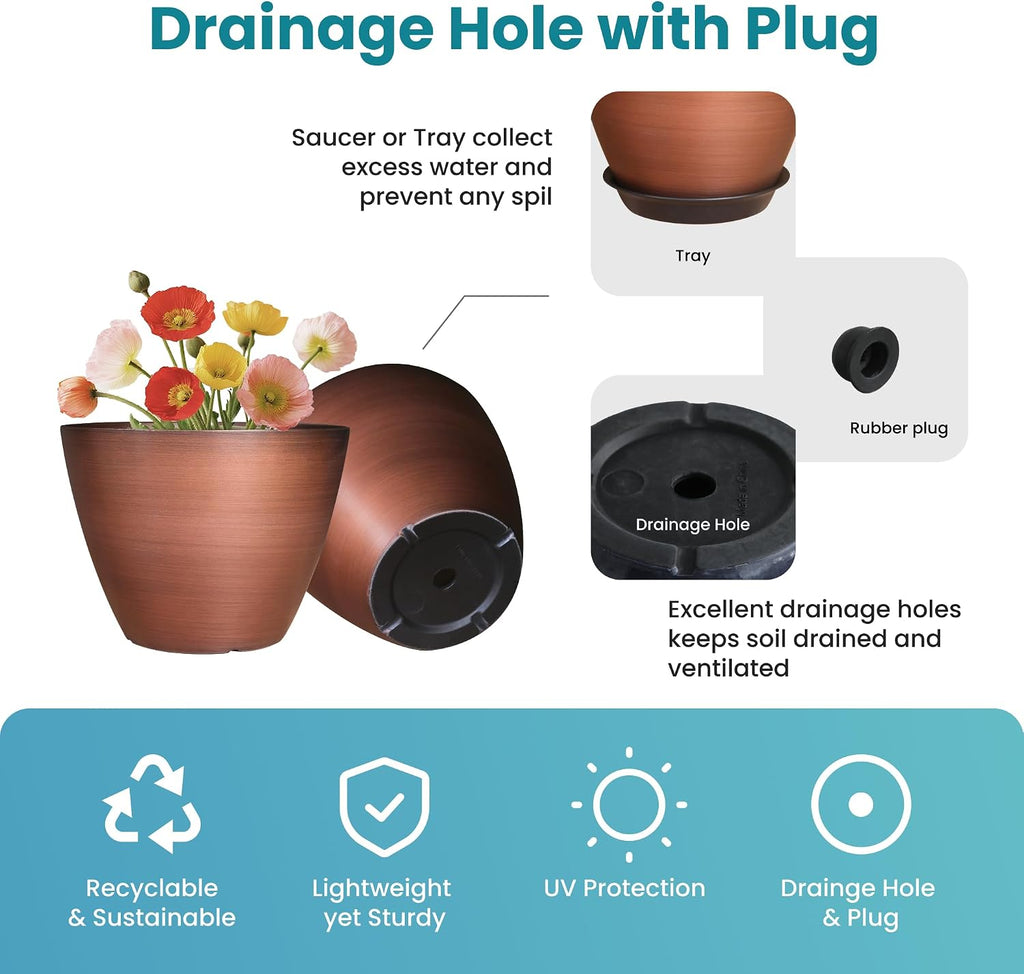 Vanslogreen 2 Pack Plastic Plant Pots with Drainage Holes, 8 inch Planter for Indoor Outdoor Plant, Garden Flower Pots