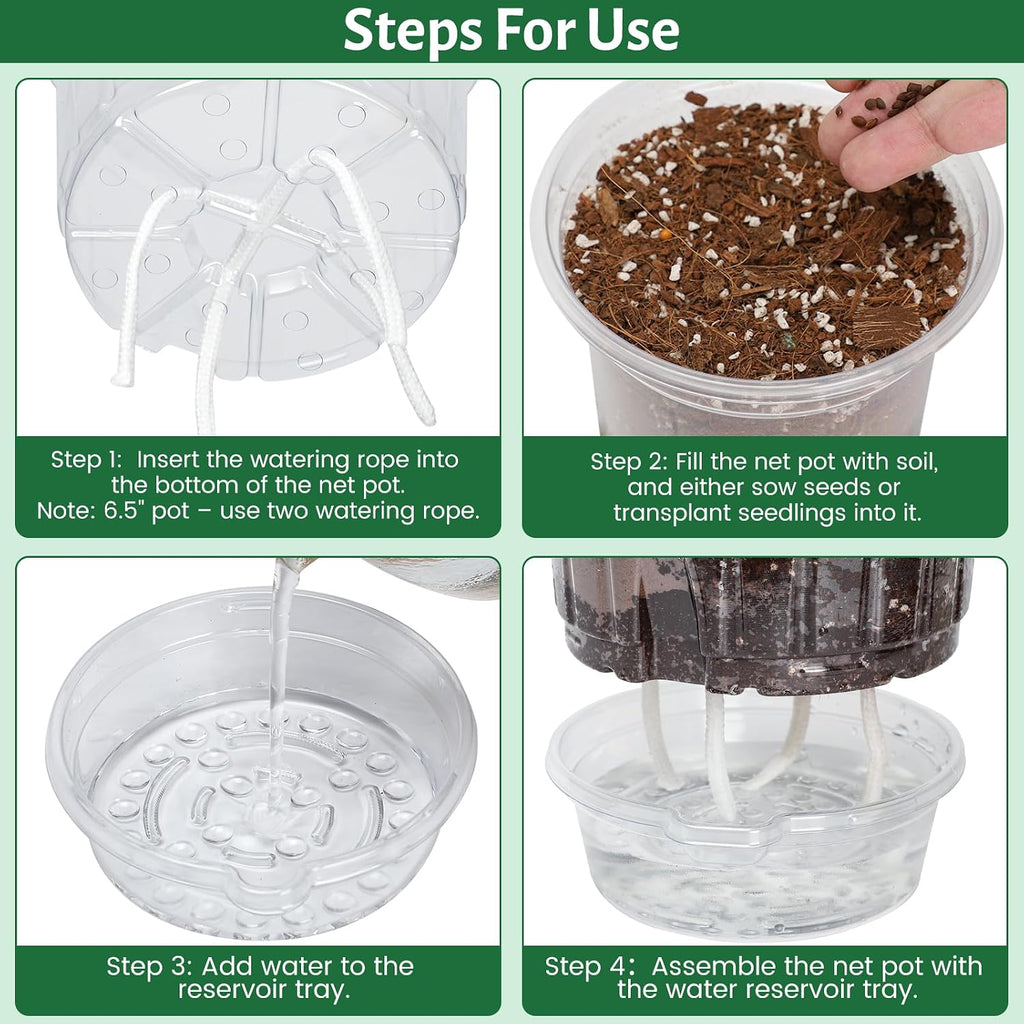 Bluepro Self Watering Pots for Indoor Plants, 4/5/6.5 Inch, 18-Pack | Clear Plastic, 6 Each of Three Sizes, Reservoir