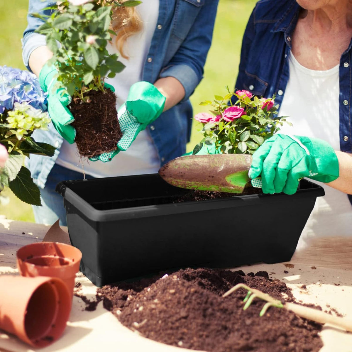 6 Pcs Window Box Planter, 17" Rectangular Planter Box with Saucers, Black | Sturdy Plastic Planter Boxes, Outdoor
