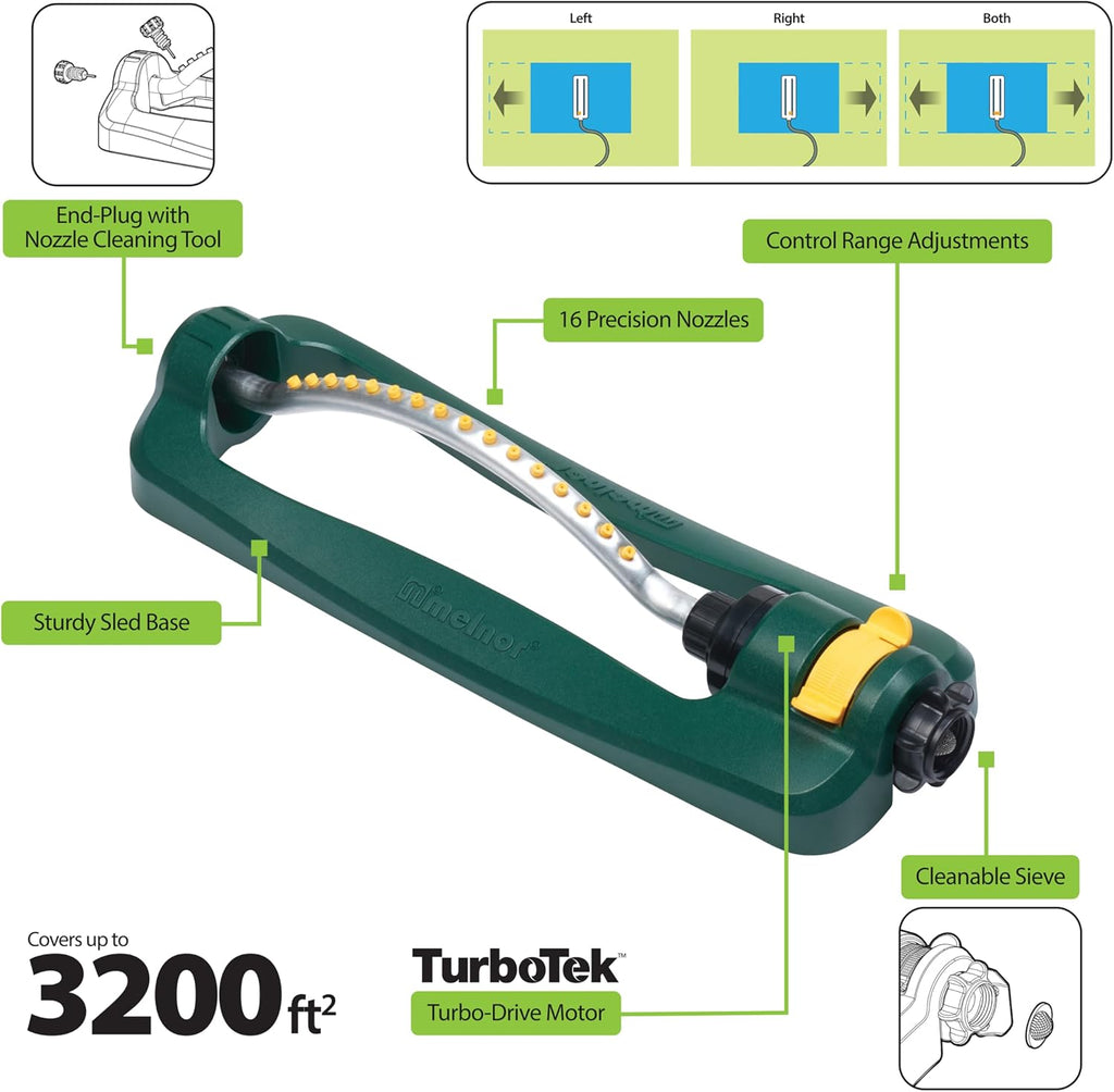 Melnor 65147AMZ Turbo Oscillating Lawn Sprinkler, 3,200 Sq. Ft. Coverage, 16 Precision Nozzles, Adjustable Range