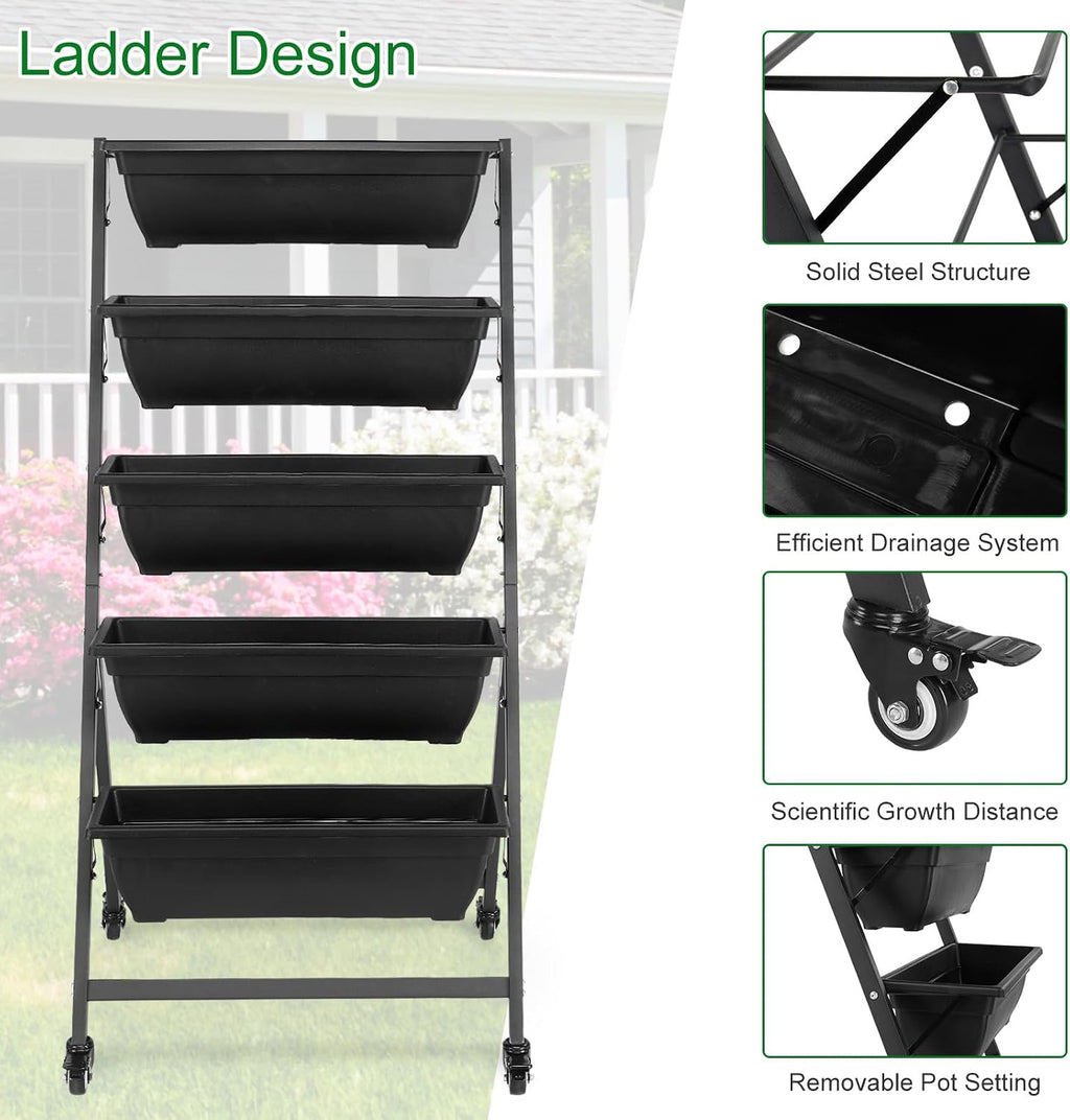 4.4 FT Vertical Garden Bed Removable 5 Tier Elevated with 4 Wheels | Vertical Raised Planter, Black Raised Bed Box