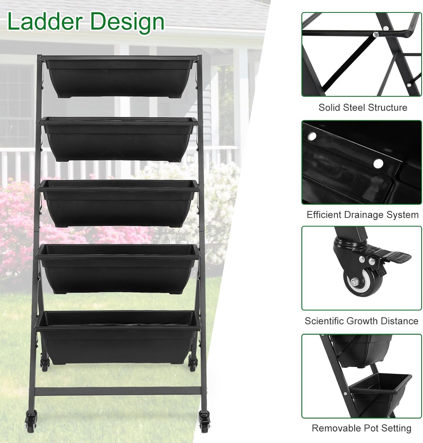 4.4 FT Vertical Garden Bed Removable 5 Tier Elevated with 4 Wheels | Vertical Raised Planter, Black Raised Bed Box