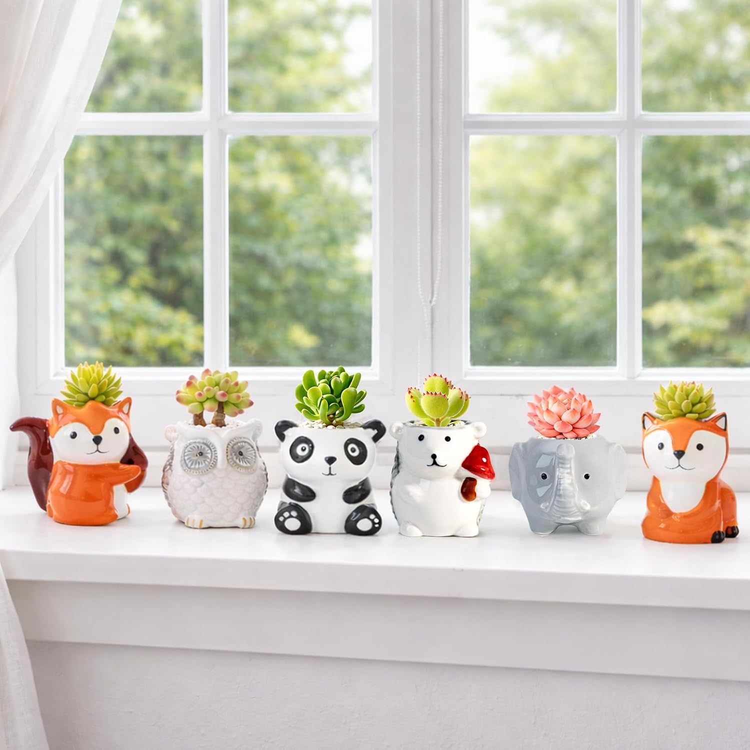 6 Pack Cute Cartoon Succulent Planters with Drainage - Small Animal Cactus Pots - Tiny Ceramic Flower Pots for Air