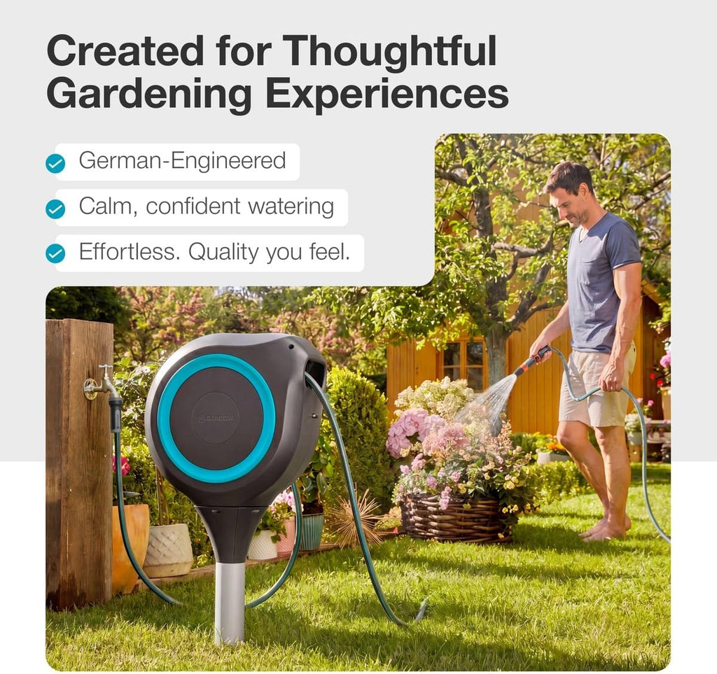 GARDENA Automatic Retractable Garden Hose Reel - 66 Feet - 360 Degree Swivel Outdoor Hose Reel with Metal Spike Base