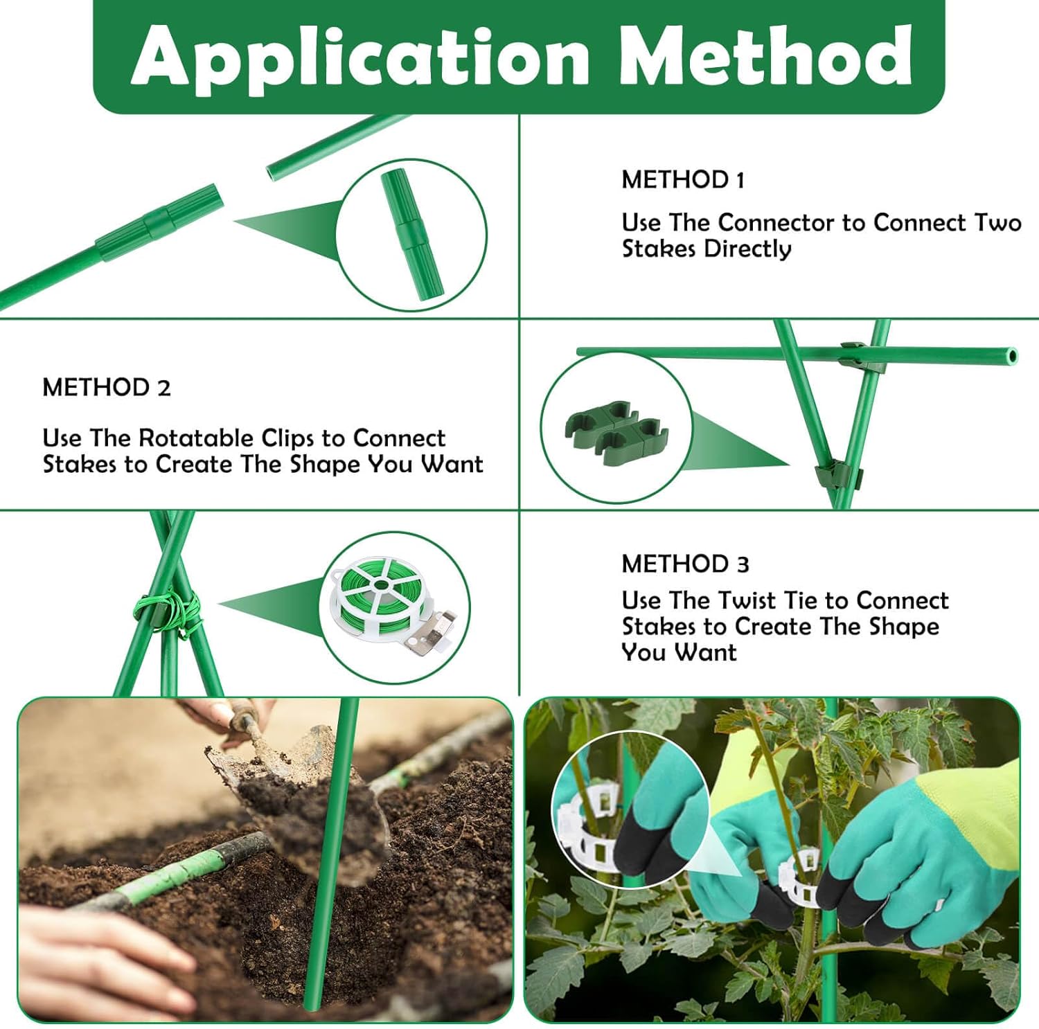 Cludoo 162PCS Garden Stakes Set with 50 Sets Fiberglass Plant Stakes Sticks Supports and Accessories, DIY 4ft 5ft 6ft