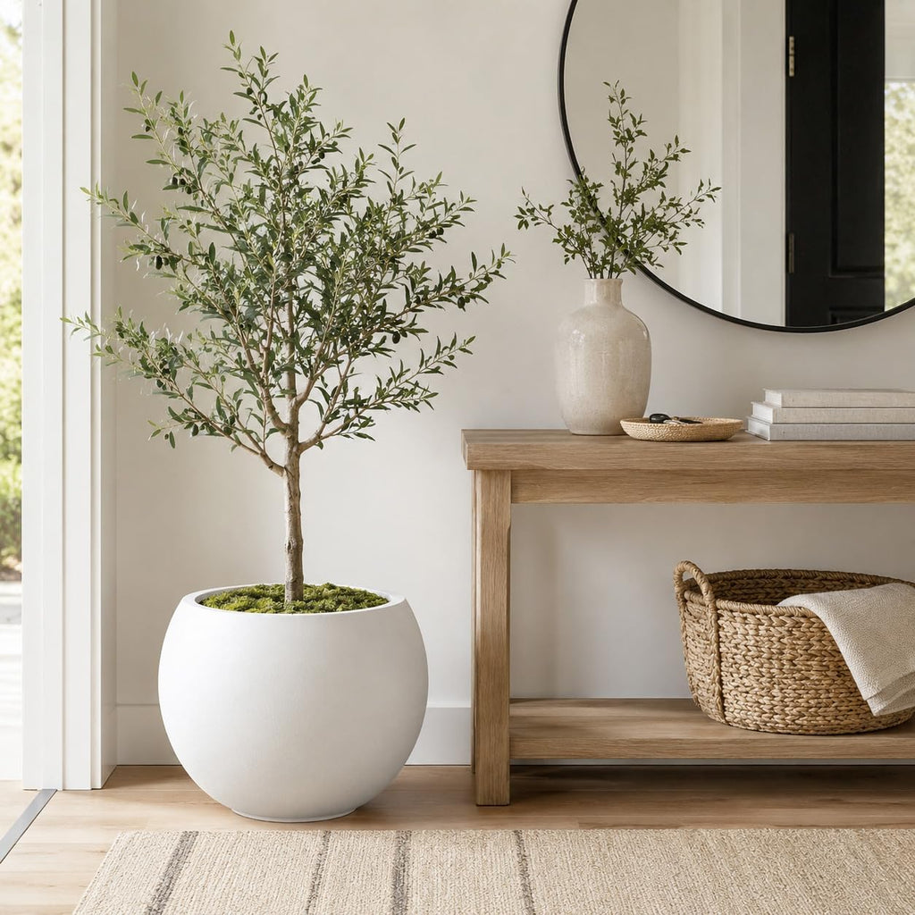 13.5" H x 17" Dia White Fiberstone Planter Pot with Drainage Hole, Large Round Indoor Outdoor Flower Pot for Artificial