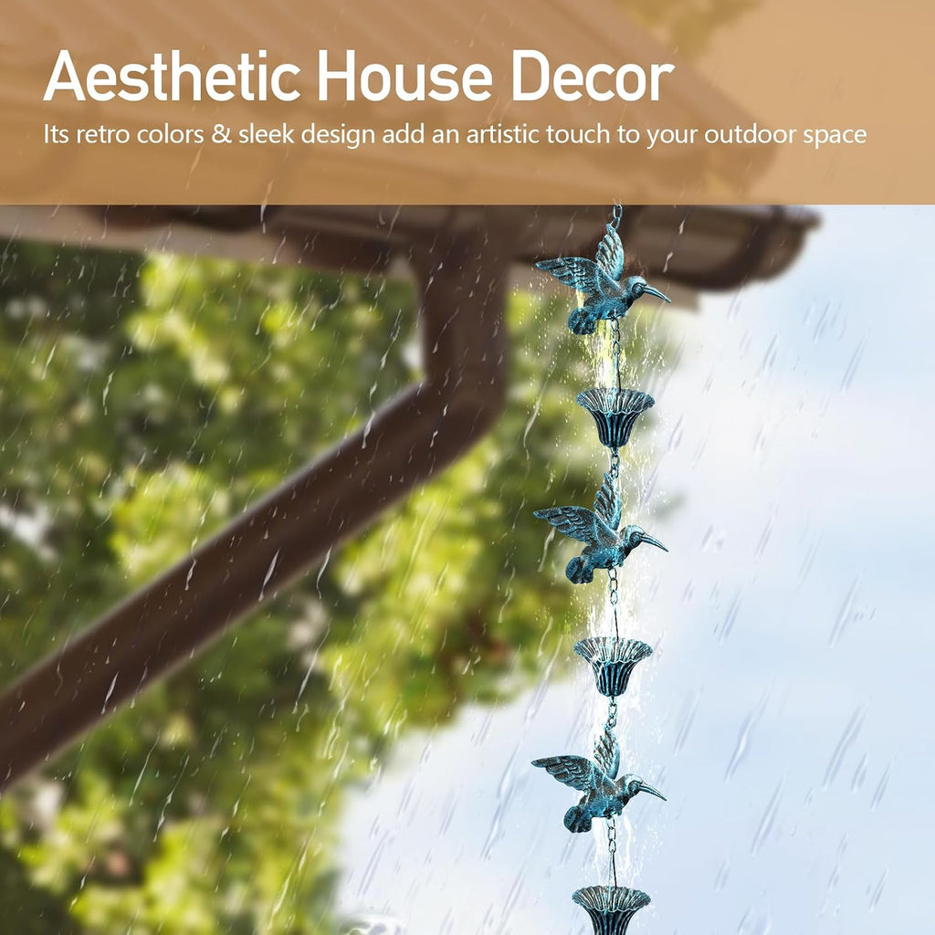 Rain Chain for Gutters,8.5FT Rain Catcher Chain for Outside with 7 Metal Cups & Hummingbird Decor,Adjustable Hanging