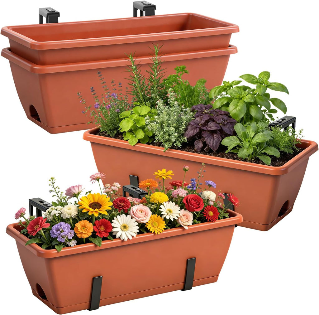 Railing Planter Box 4 Pack Window Boxes Planters with Adjustable Brackets | 17 Inch Rectangular Hanging Flower Pots