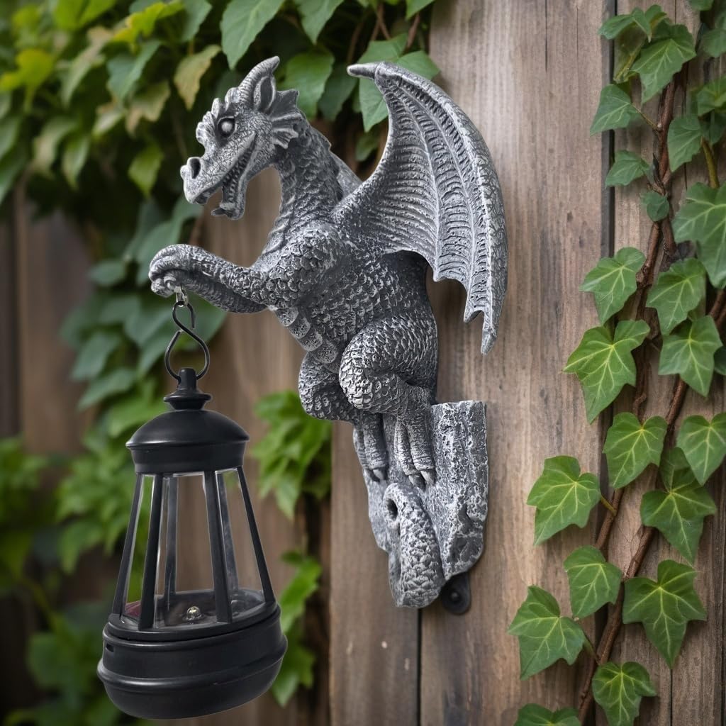 Solar-Powered Dragon Statue, 9 inch Outdoor Garden Decoration | Solar Light, Waterproof, Wall Hanging, Resin Sculpture