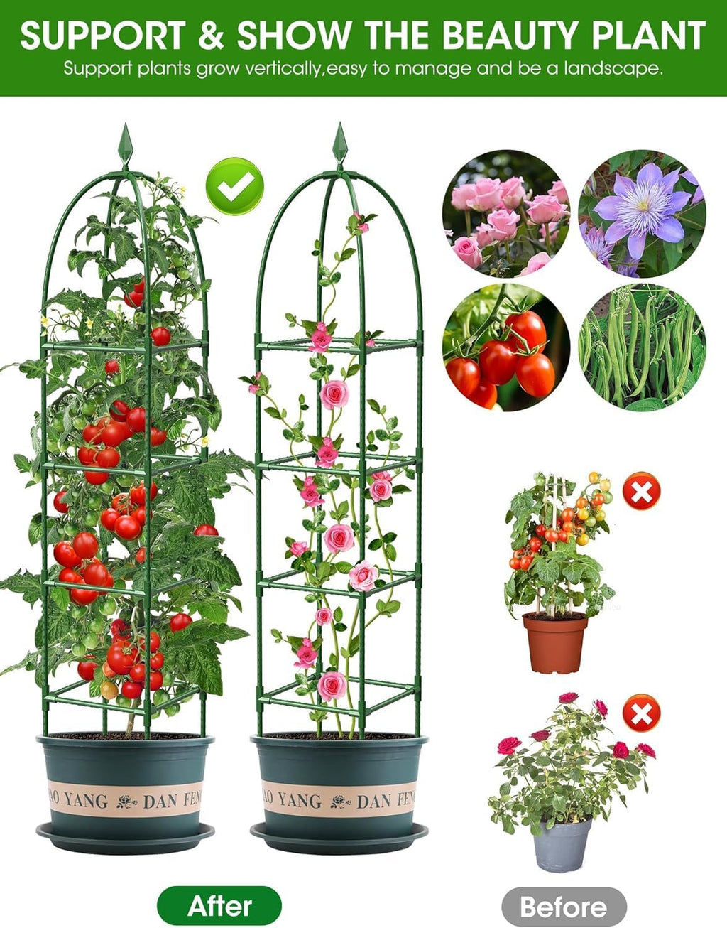 Garden Obelisk Trellis for Climbing Plants, 6FT Garden Obelisk Rustproof PE Coated Metal Potted Plant Climbing Support
