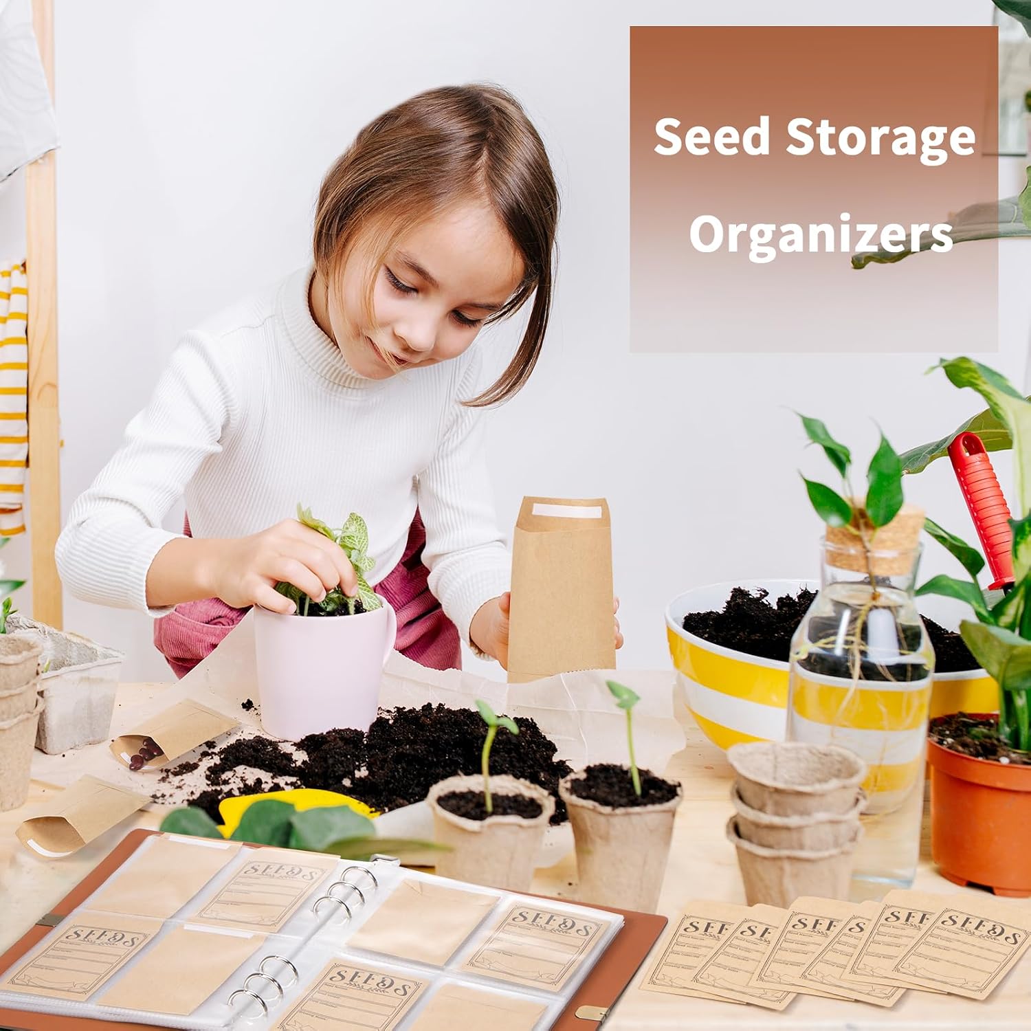Garden Seed Storage Organizer Binder - 150 Resealable Seed Envelopes Brown Shell with 40 Sheet Protectors for Efficient