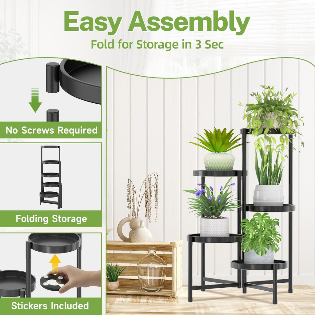 iDavosic.ly 5 Tier Large Plant Stand with Grow Light, 10 Inch Tray, Black | Tiered Metal Corner Heavy Duty Multiple