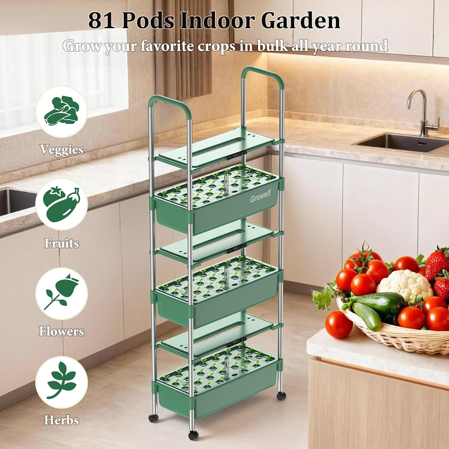 Growell Hydroponics Growing System Kit, 81 Pods Vertical Indoor Herb Garden with Smart LED Grow Light, Auto Circulating