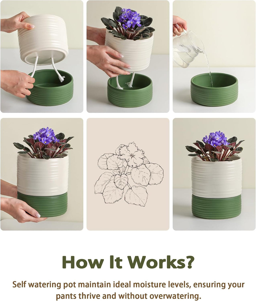 Fayoula Self Watering Pots for Indoor Plants, 6 Inch Ceramic Self Watering Plant Pot, Planter Pot with Wick Rope and