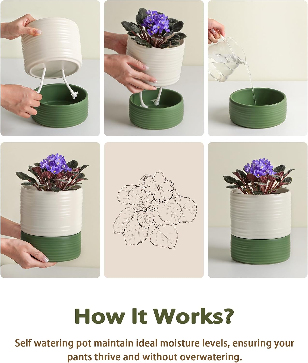 Fayoula Self Watering Pots for Indoor Plants, 6 Inch Ceramic Self Watering Plant Pot, Planter Pot with Wick Rope and