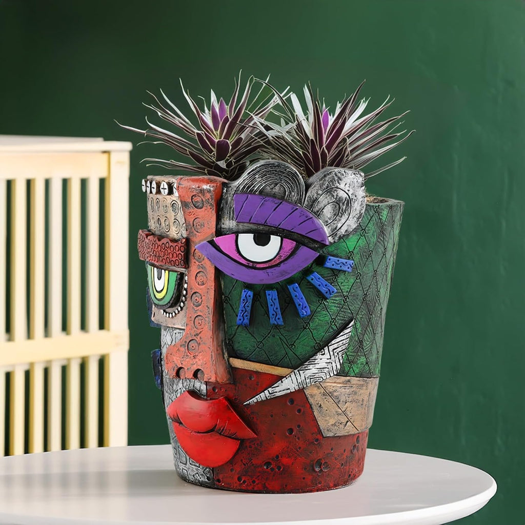 Picasso-Inspired Abstract Face Flower Pot | Unique Head Planter with Drainage Hole | Vibrant Colors & Quirky Art Decor