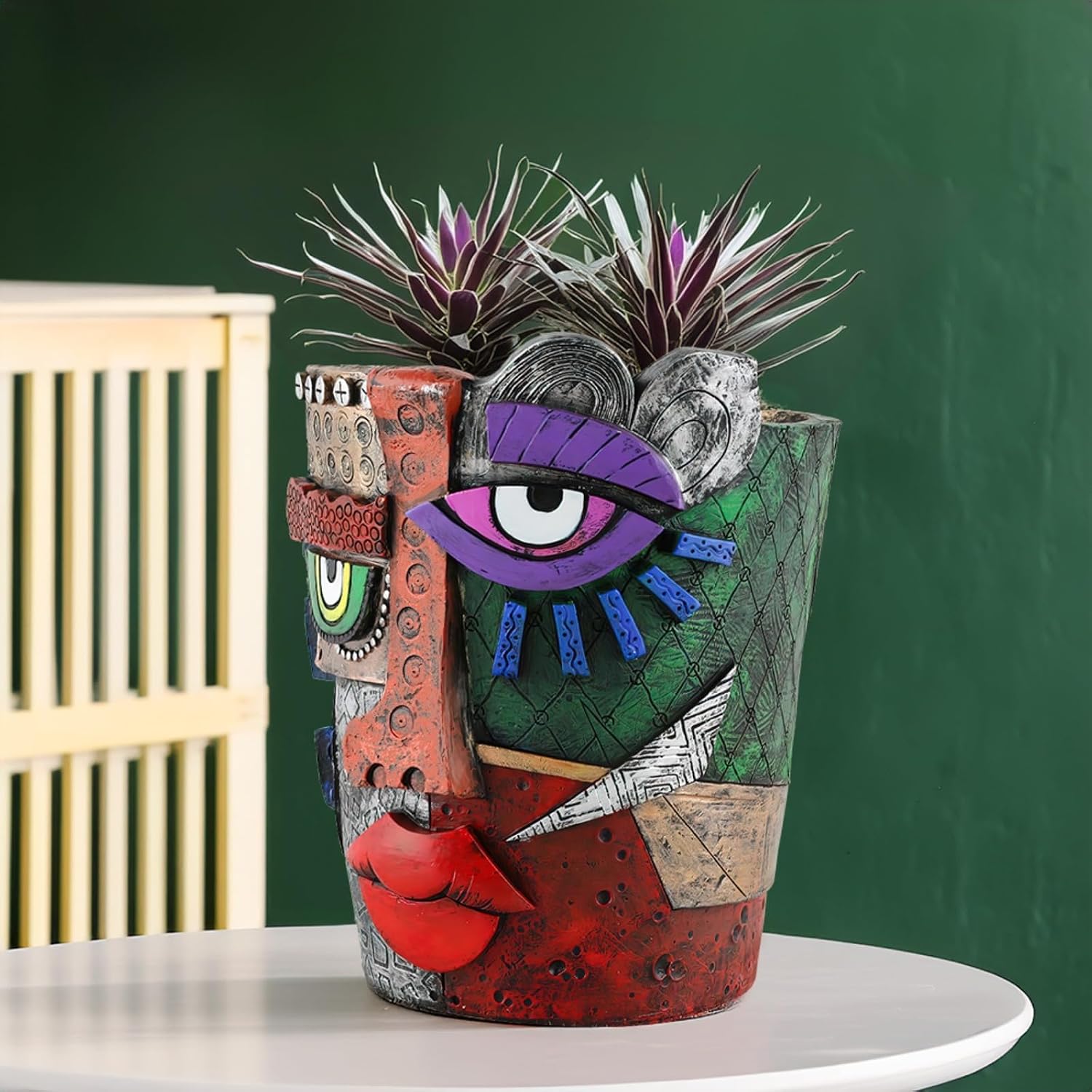 Picasso-Inspired Abstract Face Flower Pot | Unique Head Planter with Drainage Hole | Vibrant Colors & Quirky Art Decor