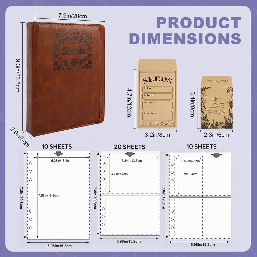 Seed Binder Organizer, 80 Resealable Envelopes 40 Sheets,Brown | Garden Seed Storage,3 Pocket Sizes,Labeled Kraft