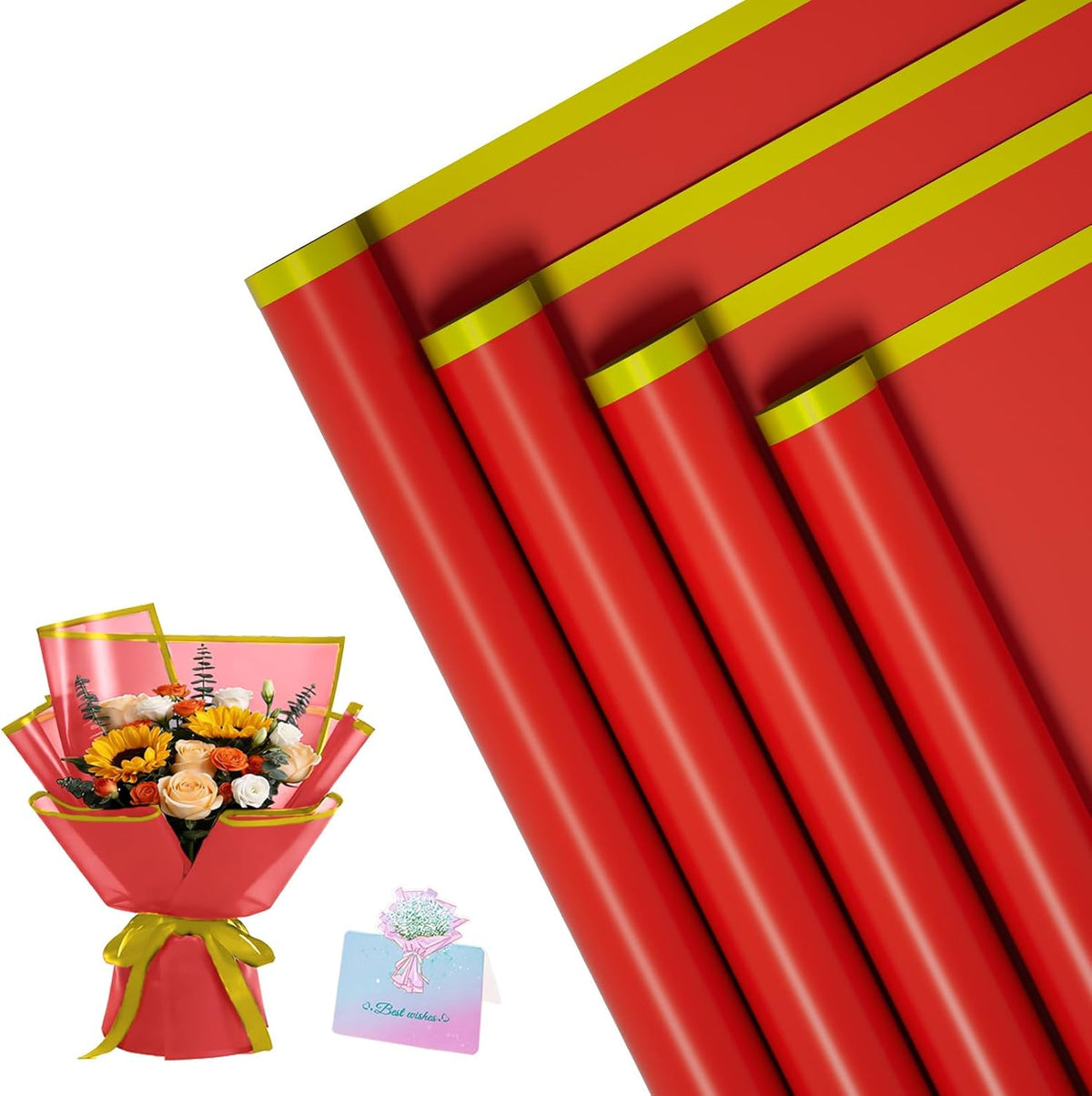 REAXYZNN 20 Sheets Flower Wrapping Paper, Waterproof Floral Wrapping Paper, Florist Supplies Packaging Paper for Wedding, Birthday Gift (Red(Edge))