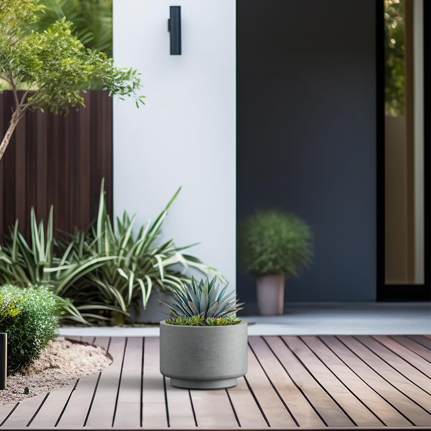 Kante Small Round Pedestal Pale Gray Concrete Planter 9.8" Dia, Outdoor | Rubber Plug for Indoor, Drainage for Garden