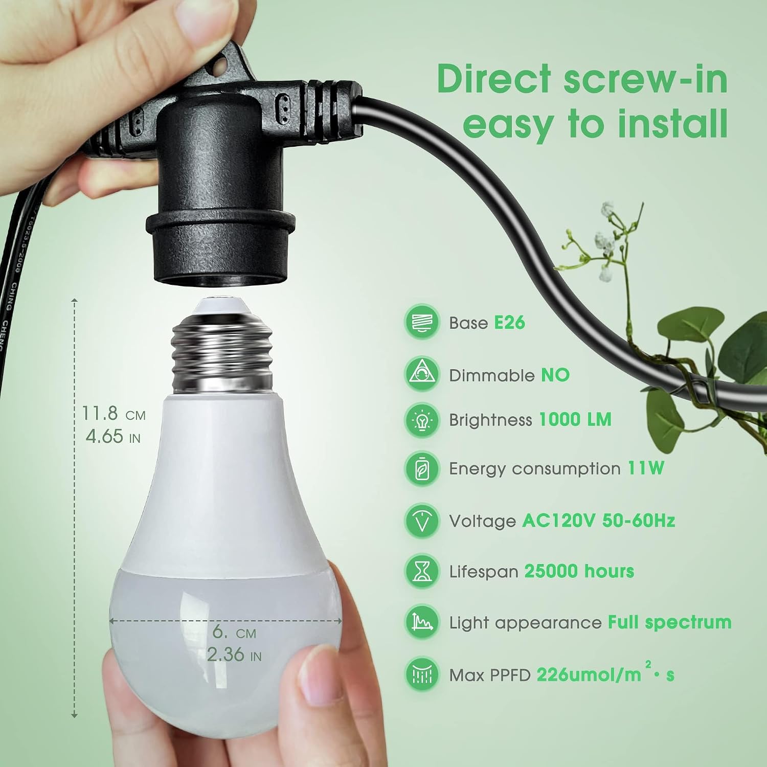 Hanging Grow Light 5000K, 3 Grow Light Bulbs with 8.86ft Power Cord