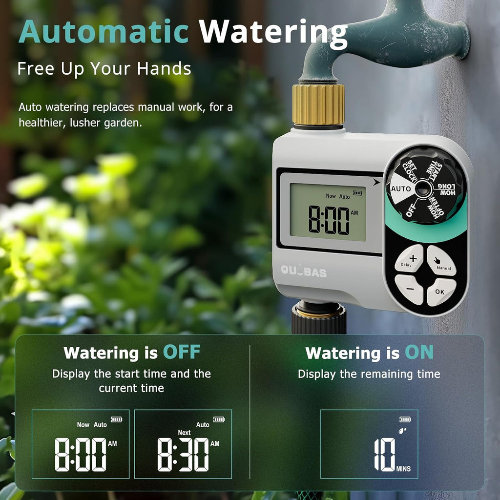 QUOBAS Brass Sprinkler Timer, Programmable Water Hose Timer for Garden Hose | Faucet Timer with Waterproof HD Screen