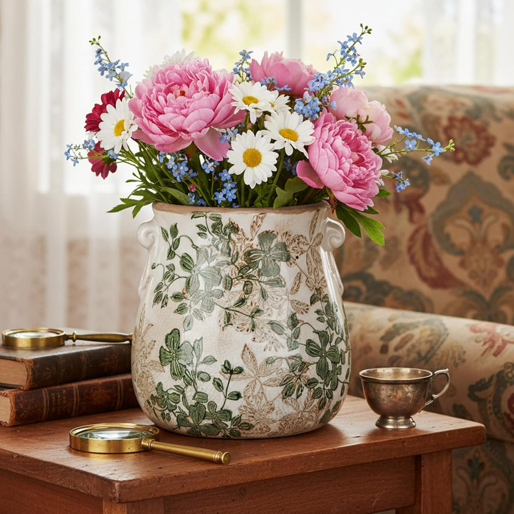 Ceramic Scroll Planter 6.5 Inch Chinoiserie Floral Vase with Drainage Holes Vintage Flower Vase Flower Pot Rustic