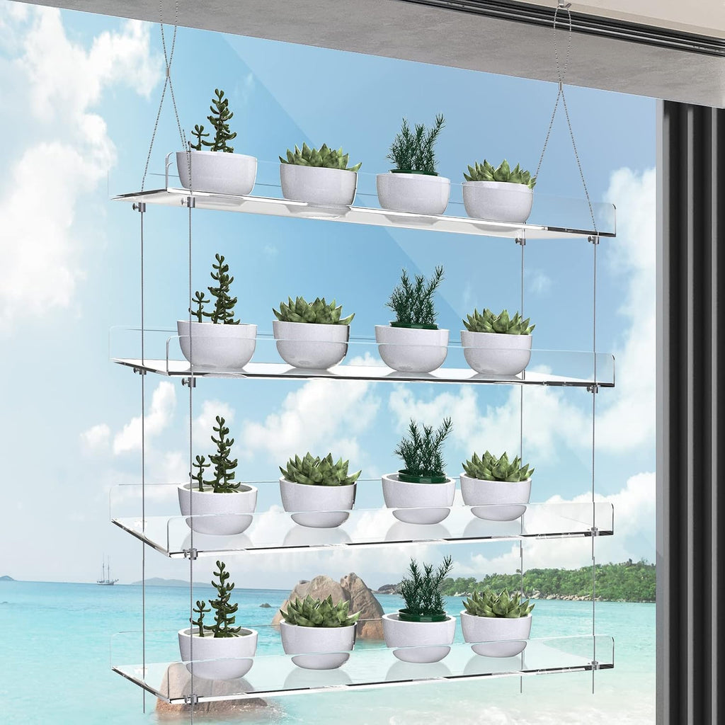 4-Tier Floating Acrylic Plant Shelf – Each Tier 16 Inch Long | Height Adjustable for Indoor Garden, Ideal for Herbs &