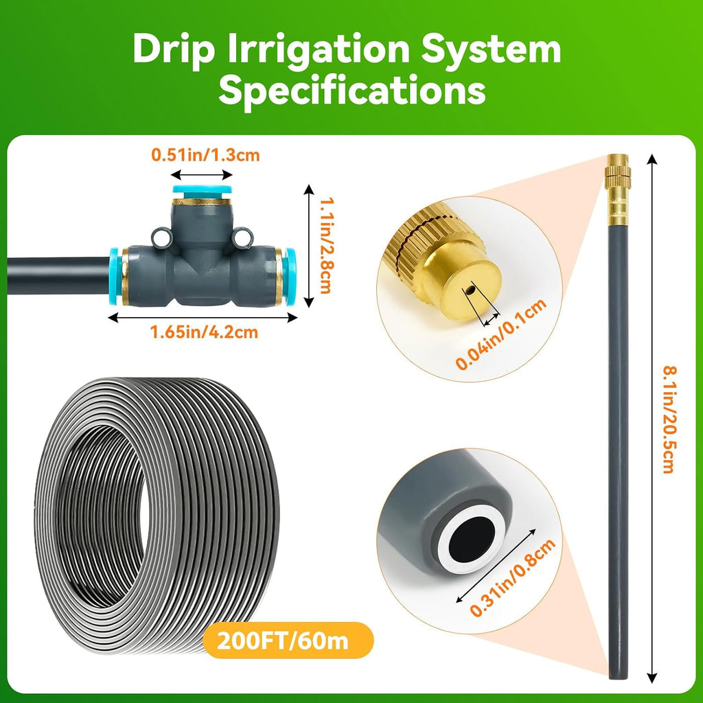 360°Adjustable Drip Irrigation System,200FT Irrigation System for Garden | 32 Copper Nozzles,141Pcs Automatic Misting